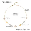 Detailed view of gold stainless steel necklace with pink opal and pearls, dimensions shown - Gold Pink