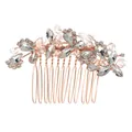 Peigne à cheveux de mariée or rose avec cristaux gris et strass floraux sur fond blanc - Or rose