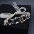 Silver flower girl headband with brown roses, white pearls and sparkling crystals - Silver