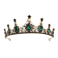 Baroque gold crown with emerald gemstones and black rhinestones for bridal parties - Antique Gold Green
