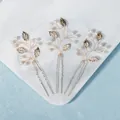 Golden bridal hair pin set with white pearls and hollowed leaf charms for wedding styling - U-Shaped Hair Pin (HS-J6280G) / Gold