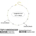 Detail view of gold stainless steel necklace with blue stone beads and size specifications - Light Blue Crushed Stone Necklace (TXP114)