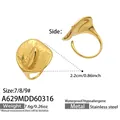 Detail view of hammered gold stainless steel ring with size specs and waterproof features - US 7 / Calla Lily Petal Style (A629)