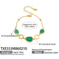 18k vergoldetes Edelstahlarmband mit grünen ovalen Katzenaugenstein-Anhängern und Kette - Armband / 18.5+5cm / Pfauengrün