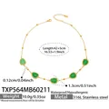 Golden 316L stainless steel necklace with five green teardrop cat eye stone pendants - Necklace / Gold-Green