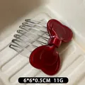 Dark red heart-shaped bow hair comb clip with elegant acetate finish and 7 silver teeth - Red