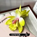 Gele orchidee haarspeld in bohemian stijl met luipaardprint, 9,5 cm bloemen haaraccessoire - Limoengeel