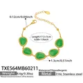 Goldenes Edelstahlarmband mit fünf grünen Tropfen-Katzenaugen-Steinen und Perlenkette - Armband / Gold-Grün