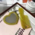 Sparkling yellow glitter heart mirror and comb keychain set for handbags - Yellow