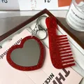 Sparkly red glitter heart mirror and mini comb acrylic keychain set for bags - Red