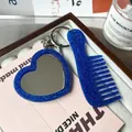 Blue glitter acrylic heart mirror and mini comb keychain set for bag accessory - Blue