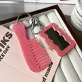 Pink glitter acrylic heart mirror and comb keychain set with silver metallic ring - Pink