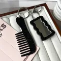 Sparkly black glitter heart makeup mirror and comb keychain set for bag decoration - Black