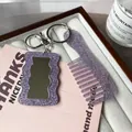 Purple glitter acrylic mini heart mirror and comb keychain set for bag charms - Purple