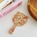 Pink marble acetate handheld mirror in cute cat shape with golden facial details - Orange Floral