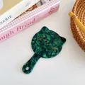 Green marble acetate handheld makeup mirror in a cute cat shape with floral handle - Dark Green