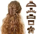 Set of 5 matte brown geometric shark hair clips including floral and rectangular styles - Set 6 / 5 Pieces / Dark Coffee