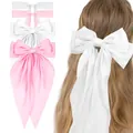 Detail showing oversized satin bow hair clip in white and pink on long wavy hair - Pink And White Sweet Combination Style (Set 28)
