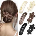Floral hair claw set in matte beige and brown shades for elegant summer styling - Long Hollow And 3D Flower Style Beige Brown Black