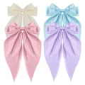 Oversized satin bow hair clip set in beige, light blue, pink and purple with long ribbons - Macaron Four Colors Style (Set 7)