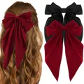 Oversized satin hair clips with long ribbons in burgundy and black colors - Wine Red And Black Style (Set 11)