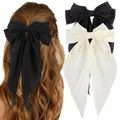 Oversized satin bow hair clip set with long tassels in classic black and beige colors - Classic Black And White Style (Set 13)