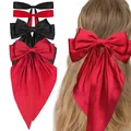 Oversized satin bow hair clip set in red and black colors with long ribbons - Red And Black Combination Style (Set 14)