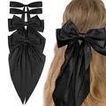 Elegant oversized black satin bow hair clip with long ribbons for women hair styling - Black Wearing Combination Style (Set 17)