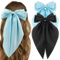 Oversized satin bow hair clip set in light blue and black with long flowing streamers - Blue And Black Combination Style (Set 19)