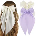 Elegant oversized satin bow hair clip with long ribbons in creamy white and light purple - White And Purple Combination Style (Set 24)