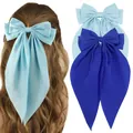 Oversized satin ribbon bow hair clip set in light blue and royal blue shades - Light And Dark Blue Combination Style (Set 27)