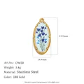 Premium 18K gold plated stainless steel oval pendant featuring blue floral pattern - Blue White Small Flowers (C9650) / Gold