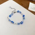 Sweet blue and white crystal beaded flower bracelet with adjustable silver chain - Fresh Floral Woven Style (39#) / Blue-White