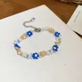 Handmade crystal beaded flower bracelet with blue and white summer beach aesthetic - Amber Flower Beaded Style (40#) / Blue-Brown