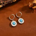 Vintage Edelstahl Creolen mit türkisfarbenem ovalem Anhänger und funkelnden Strasssteinen - Saphir Ohrringe (T073) / Silber