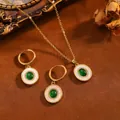 Vintage roestvrijstalen sieradenset met groene edelsteen hangers en strasstenen - Smaragd Sieradenset (T073) / Goud
