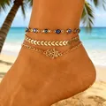 Bohemian gold-tone anklet set with evil eye and hamsa hand charms for beach vacation - Layered Style (11751) / Gold
