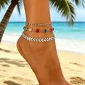Bohemian 3-piece colorful stone anklet set with adjustable silver figaro and leaf chains - Layered Style (06 Silver)