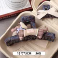 Brown and blue plaid hair claw clip with plush puppy and handmade bow detail - Blue Brown