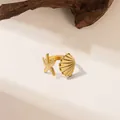 Adjustable golden stainless steel open ring with starfish and seashell charms - Seashell Starfish Open Ring (F136)