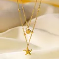 Collier double rang plaqué or 18k avec étoile de mer, coquillage et perle blanche - Collier Double Rang Étoile de Mer Coquillage Perle Artificielle (H1057) / Or