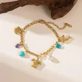Bracelet à maillons en acier doré avec breloques tortue de mer, coquillage et perles - Bracelet Coquillage Dauphin Tortue Pierres Colorées (E2038) / Or