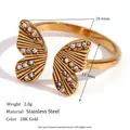 18K gold plated stainless steel butterfly open ring with sparkling white cubic zirconia - Adjustable Rhinestone Butterfly Ring