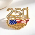 Golden number 250 brooch with American flag and crystals on a gear base design - USA 250th Anniversary Gold Gear Flag Brooch (kc Gold G-230)