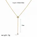Elegant gold stainless steel clover necklace with rhinestone drop and size measurements. - Y-Shaped Clover Drop Necklace (TN3732) / Gold