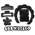All-black hair accessory set with sponge headband, matte hair claws, and elastic scrunchies - Black
