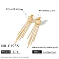 Detailed view of gold stainless steel tassel earrings with square shell inlay and measurements. - White Mother of Pearl Style (NB-E1935) / 18K Gold