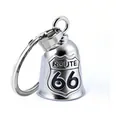 Stainless steel Route 66 motorcycle guardian bell keychain with a silver polished finish - Steel Color (Pendant + Clasp + Keyring) (GBK-036)