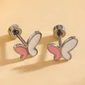 Surgical steel butterfly cartilage studs with pink and white enamel wing design - Stainless Steel Pink White Butterfly (05 Steel Butterfly)