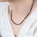 Lapis lazuli and lavender freshwater pearl beaded necklace on model neck - Faceted Phoenix Lapis Lazuli Necklace-43+5cm